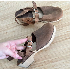 J Crew Clogs Mary Jane Shoes Womens 10 Brown Leather Wooden rubber sole 